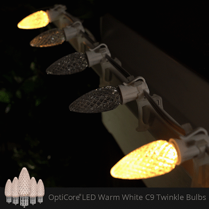 Warm White C9 OptiCore Twinkle LED Christmas string lights on green wire