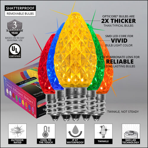 Vivid Efficient Brilliant LED chandelier bulb set featuring four larger shatterproof oval bulbs in red, blue, yellow, and orange, with technical specifications and feature icons displayed on a gray background.