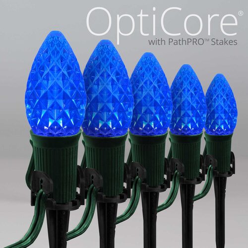 Blue C7 OptiCore LED Christmas pathway lights with PathPRO stakes in six colors