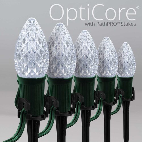 Cool White C7 OptiCore LED Christmas pathway lights with PathPRO stakes in six colors
