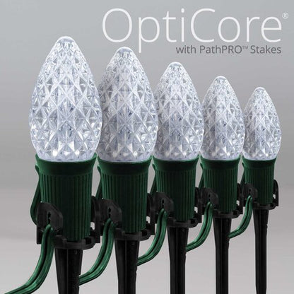 Cool White C7 OptiCore LED Christmas pathway lights with PathPRO stakes in six colors