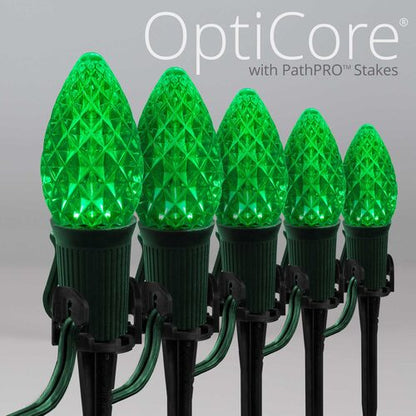 Green C7 OptiCore LED Christmas pathway lights with PathPRO stakes in six colors