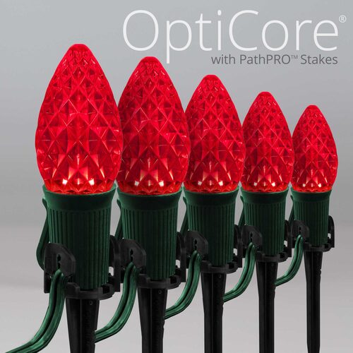 Red C7 OptiCore LED Christmas pathway lights with PathPRO stakes in six colors