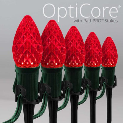 Red C7 OptiCore LED Christmas pathway lights with PathPRO stakes in six colors