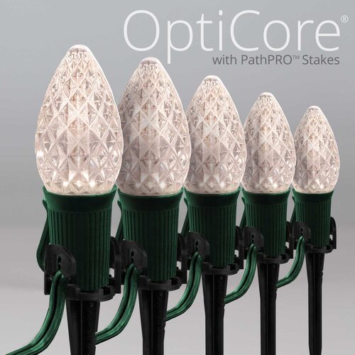 warm white C7 OptiCore LED Christmas pathway lights with PathPRO stakes in six colors