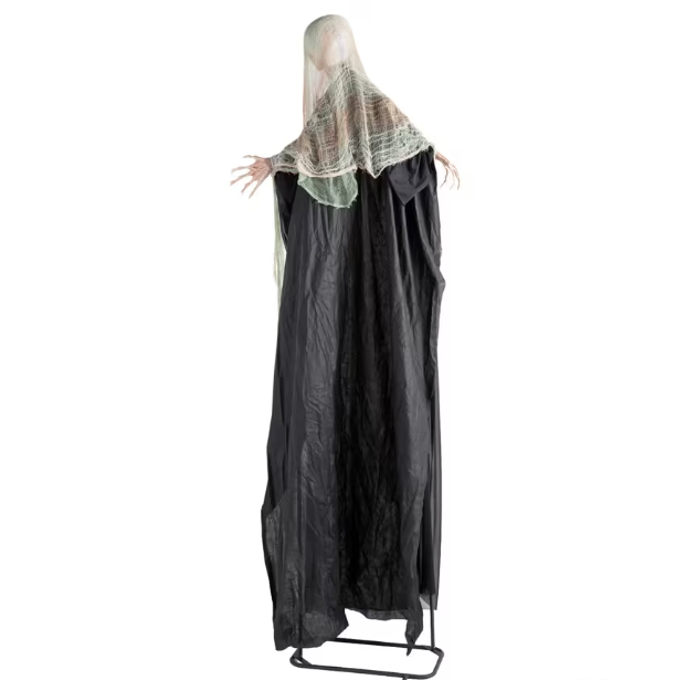 Ghostly figure in a black robe with a white veil on a white background