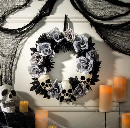 17" Skeleton Skulls Roses Halloween Wreath