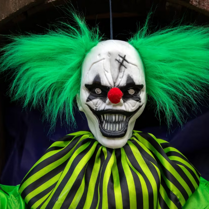4 Ft Green Black Hanging Evil Clown animated Halloween prop
