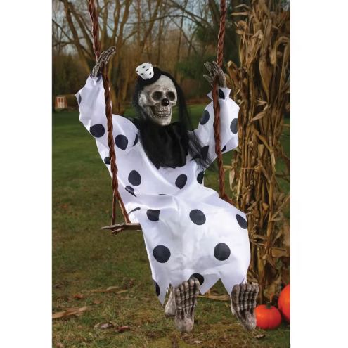 Skeleton wearing a clown suit on hanging swing. The swing hangs 30 1/2" from hooks to seat.