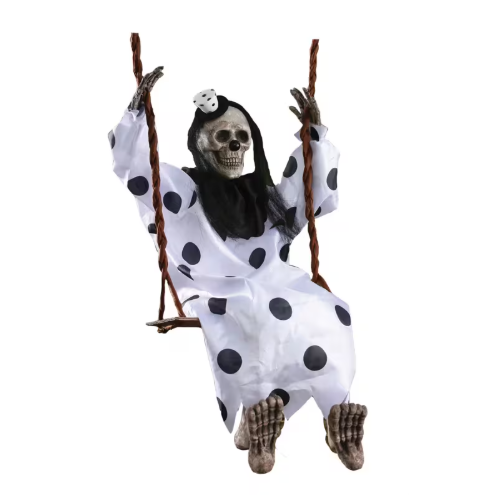 Skeleton wearing a clown suit on hanging swing. The swing hangs 30 1/2" from hooks to seat.