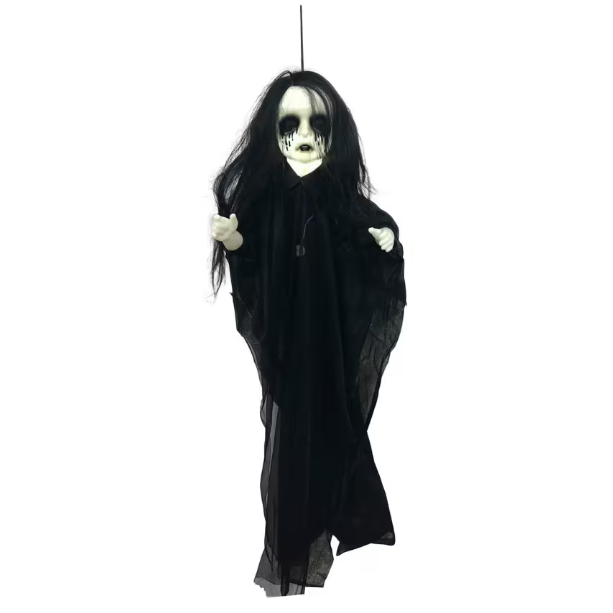 A hanging Halloween decoration depicting a ghostly skeleton figure with long black hair, a white skull face, and a flowing black robe, shown against a plain white background.