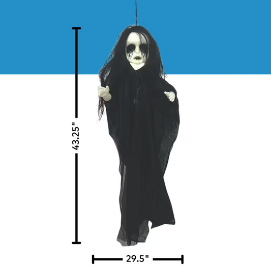 A hanging black ghost Halloween decoration with a pale face and long black hair, shown with dimension lines indicating 43.25 inches tall and 29.