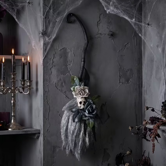 35" Hanging Broom Skull &amp; Roses halloween home decor