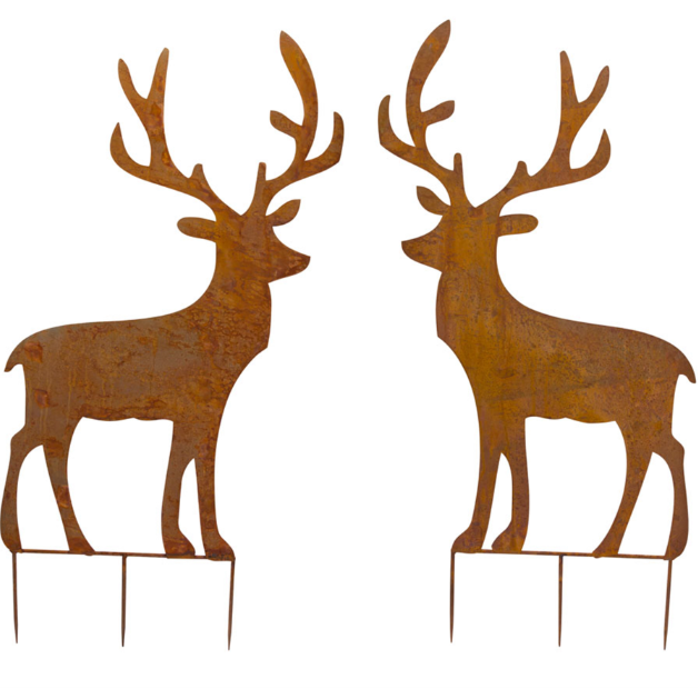 Set of 2 rustic brown iron deer cut-out stakes, 49 inches tall, featuring standing reindeer silhouettes with antlers for Christmas yard and garden decorations.