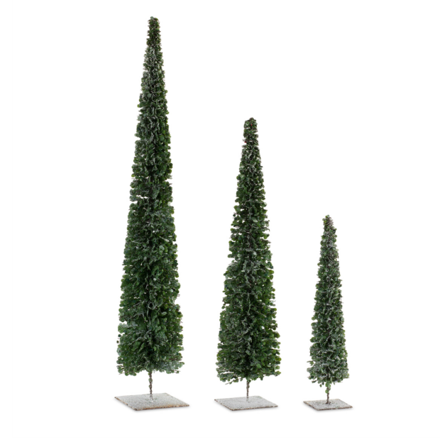 Three slim green PVC Christmas trees in graduated heights of 15.75, 24, and 31.5 inches, each with a square base, set of 3.