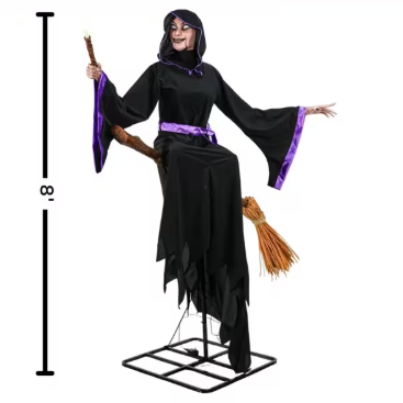 8 Ft. Animated Light-Up Hovering Witch with Broom & Wand Halloween Decoration
