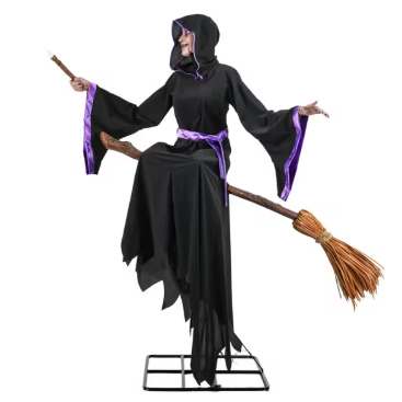 8 Ft. Animated Light-Up Hovering Witch with Broom & Wand Halloween Decoration