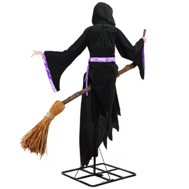 8 Ft. Animated Light-Up Hovering Witch with Broom & Wand Halloween Decoration