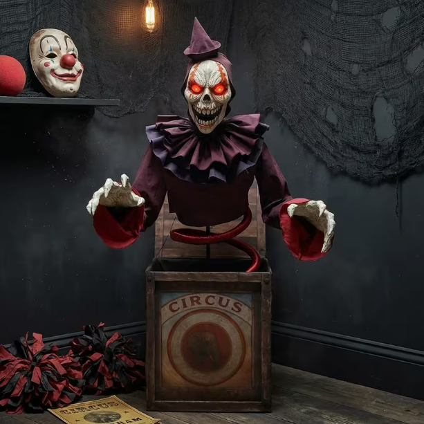 5 Ft. Skeleton Clown Mechanical Jack-in-the-Box  Animated Halloween Decoration