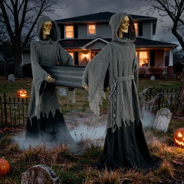 5 Ft. Two Skeleton Reapers Carrying a Coffin Halloween Decoration Prop