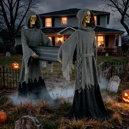 5 Ft. Two Skeleton Reapers Carrying a Coffin Halloween Decoration Prop