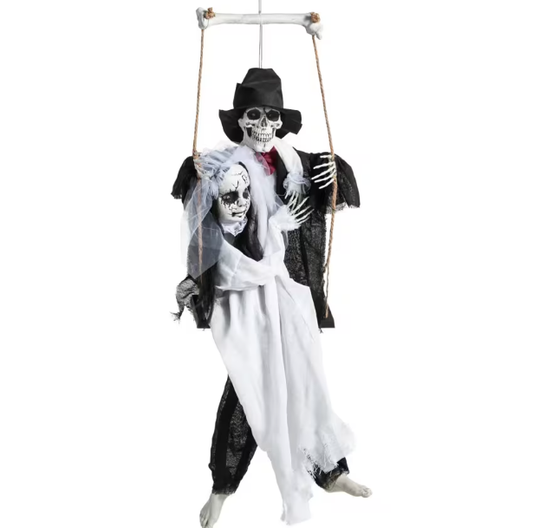 Bride groom Skeleton couple on a swing talking Halloween decoration