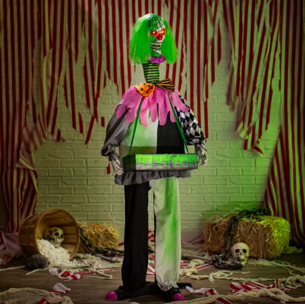 Animated Light-Up Standing Scary Clown with Green Venom candy tray Halloween Prop Decoration 5 Ft. 10"