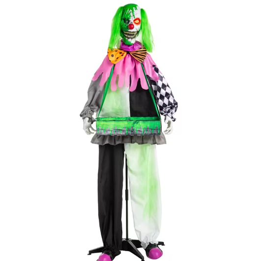 Animated Light-Up Standing Scary Clown with Green Venom candy tray Halloween Prop Decoration 5 Ft. 10"