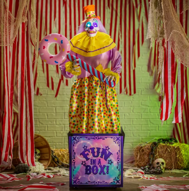 5 Ft. 4" Animated Light-Up Walking Fun-in-a-Box Scary Clown with Sound Halloween Prop Decoration Life Size