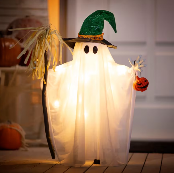 29" Light-Up Standing Ghost with Witch Hat & Broom Cute Halloween Decoration