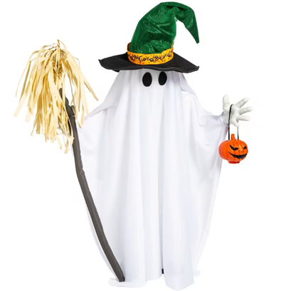 29" Light-Up Standing Ghost with Witch Hat & Broom Cute Halloween Decoration