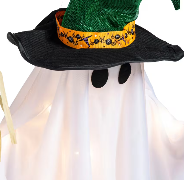 29" Light-Up Standing Ghost with Witch Hat & Broom Cute Halloween Decoration