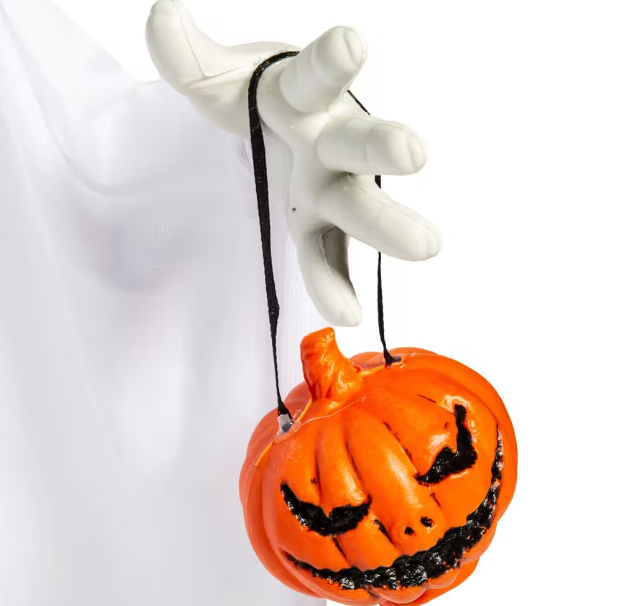 Halloween decoration with a ghost hand holding a jack-o'-lantern against a white background