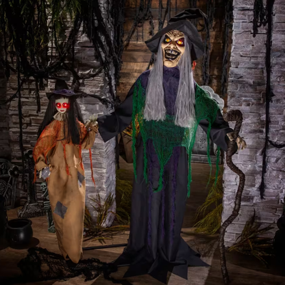 Halloween 2026 new life size animated witch with little talking girl prop decoration