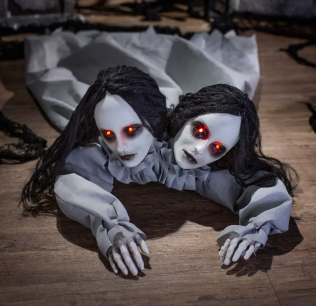 two creepy dolls Halloween 2026 decoration 47" Animated Two Headed Crawling Girl Prop