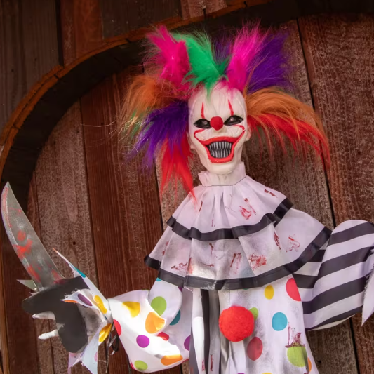 4 Ft Hanging Killer Clown with Knife animated Halloween decoration prop