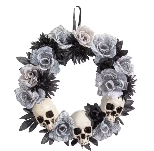 17" Skeleton Skulls Roses Halloween Wreath