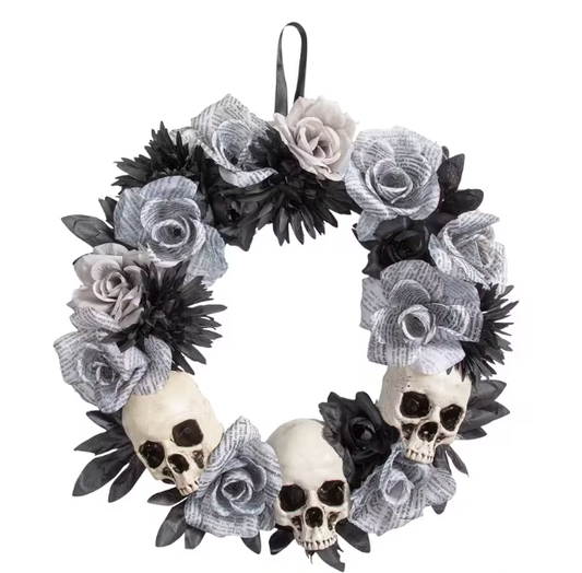 17" Skeleton Skulls Roses Halloween Wreath