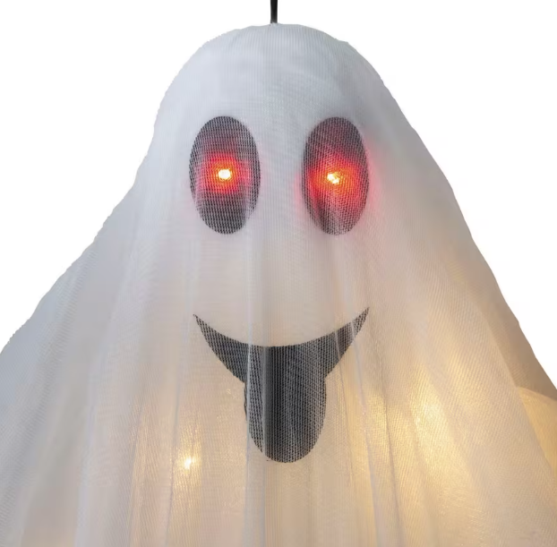 Halloween ghost decoration with red eyes and a black mouth on a white background