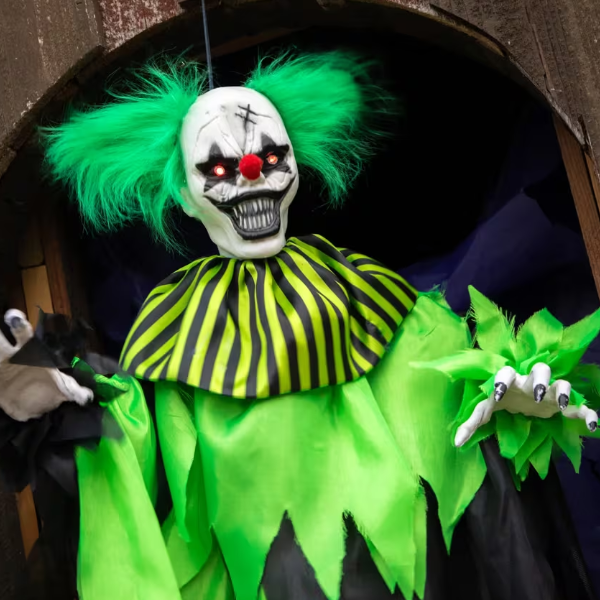 4 Ft Green Black Hanging Evil Clown animated Halloween prop