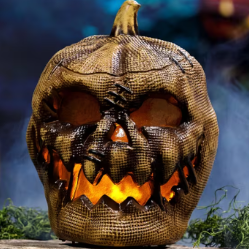 light up flaming burlap pumpkin Halloween decoration