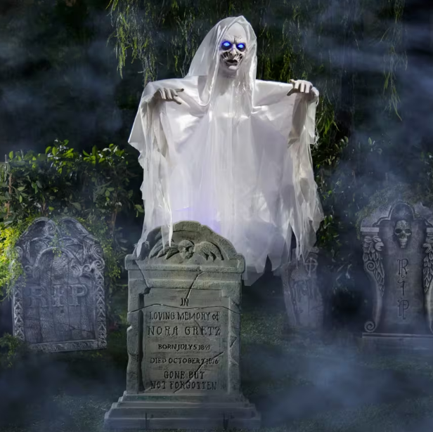 6 Ft Ghost Woman Over Tombstone - Animated Halloween Prop