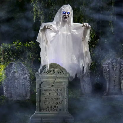 6 Ft Ghost Woman Over Tombstone - Animated Halloween Prop