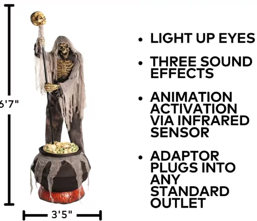 6.7 Ft Skeleton Stirring Cauldron Animated Halloween Prop