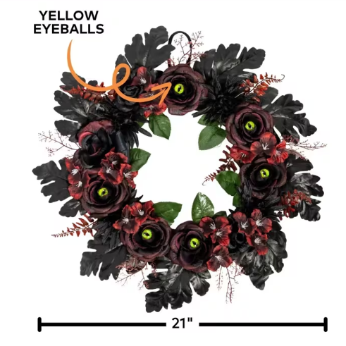 21" Dark Floral Wreath with Eyes Halloween Decoration