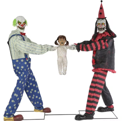 6 Ft Tug of War Animated Clowns with Kid - Red halloween animatronic prop