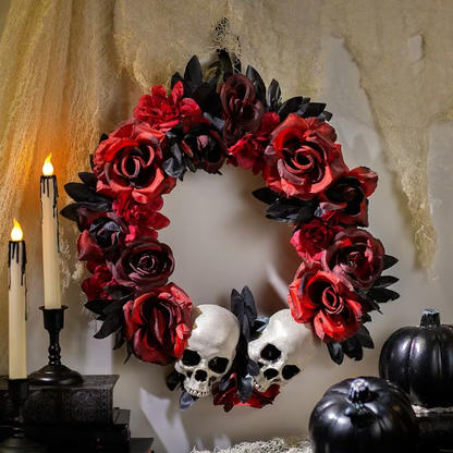 16 inch rose and skulls Halloween wreath