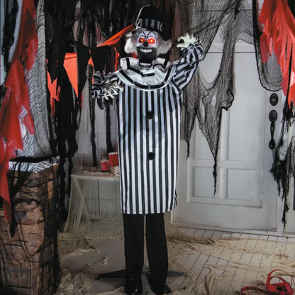 5.6 Ft Black White Clown with Pop-Up Jaw animated Halloween prop