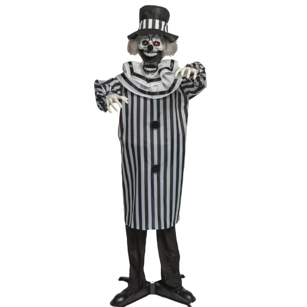 5.6 Ft Black White Clown with Pop-Up Jaw animated Halloween prop