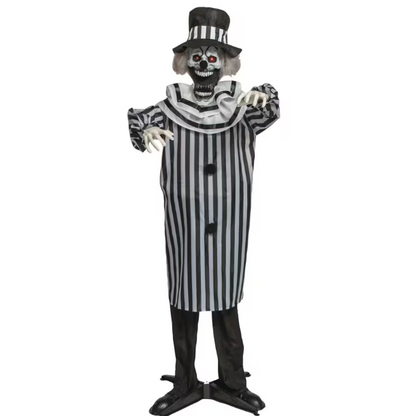 5.6 Ft Black White Clown with Pop-Up Jaw animated Halloween prop